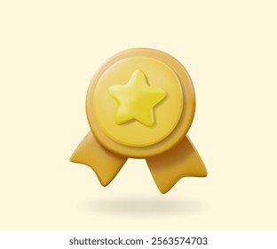 3D illustration, vector render of a golden medal icon with a star in the center and a ribbon at the bottom. on a light yellow background The concept of success, recognition and celebration of success.