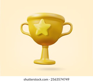 3D illustration, vector render of a golden trophy icon with a star in the center. on a light yellow background The concept of celebrating success, excellence, and winning.