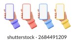 3D illustration vector render of hand holding multicolored smartphone isolated on white. Concept of mobile phone usage in daily life. For advertising, technology, online marketing, application.