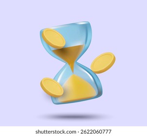 Vetor de ilustração 3D renderização de ícone de ampulheta com moedas flutuando ao redor. Conceito de acumulação de ativos durante um período de tempo, investimento, planeamento financeiro e gestão do tempo.