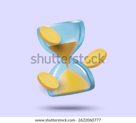 3D illustration vector render of hourglass icon with coins floating around. Concept of accumulating assets over a period of time, investment, financial planning and time management.
