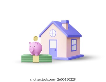 3D illustration vector render of house icon, banknotes, piggy bank and coins. Real estate investment concept, saving money for future, saving money and creating stability isolated on white background.