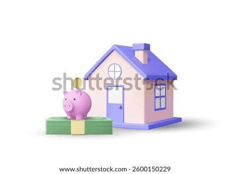 3D illustration vector render of house icon, banknotes, piggy bank and coins. Real estate investment concept, saving money for future, saving money and creating stability isolated on white background.