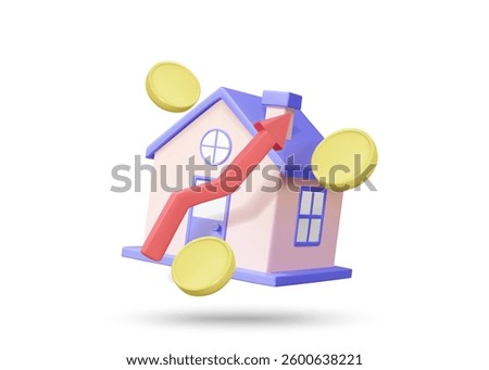 3D illustration vector render of house icon, up arrow, and coin. Concept of growth and financial wealth in real estate, investment, profit, property, business, isolated on white background.