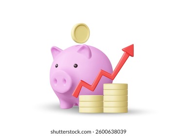 3D illustration vector render icon of piggy bank, coins, and up arrow. Concept of saving money and financial growth. Accumulating assets. Achievement of goals. Isolated on white background.