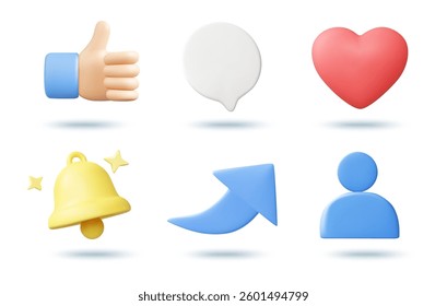 3D illustration vector render icon set Thumbs Up, message bubble, heart, alert bell, share arrow, and profile. Communication and interaction concept on digital platform, social media.Isolated on white