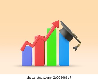 3D illustration vector render icon graph, graduation cap, up arrow. Educational progress and success concept. Development, increased opportunities, learning, investment in education.