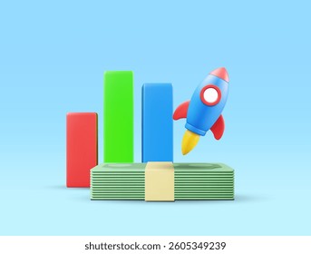 3D illustration vector render icon graph, banknote, rocket, fast financial growth concept, short term wealth accumulation, business and investment, efficient economy