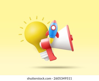 3D illustration vector render icon of megaphone, light bulb, rocket. Concept of communication, creative idea and growth. Announcement, marketing, innovation, progress and rapid development.