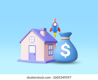 3D Illustration Vector Render Icon House, Money Bag, Rocket Concept of Financial Growth and Investment. Real Estate Investment, Financial Planning and Business Progress.