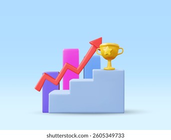 3D illustration vector render icon ladder, graph, up arrow, trophy. Progress and success concept. Goal, growth and development. Achievement.