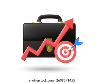 3D illustration vector render icon of briefcase, up graph, target isolated on white background. Business planning and goal achievement concept. Business startup, success, development, business, future