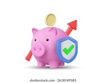 3D illustration vector render icon of piggy bank, coins, up arrow, shield with check mark isolated on white. Concept of savings growth, financial security, investment success, wealth management.