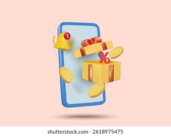 3D illustration vector render icon Mobile phone Open gift box Percent symbol Coins Notification bell Concept promotion, online shopping deal, e-wallet offer, financial app, mobile reward notification