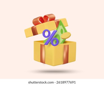 3D illustration vector render icon of open gift box, banknotes, coins and percentage symbol isolated on light color. Concept of finance reward,cash bonus,discount promotion,saving offer,special financ