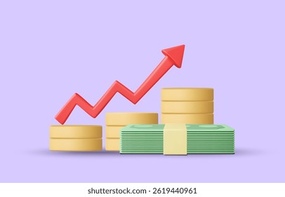 3D illustration vector render icon graph, up arrow and banknote concept financial growth, business report, profit increase, investment return, income analysis