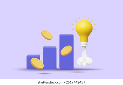 3D illustration vector render icon graph, light bulb and coin. New concept business idea, financial growth, investment strategy, financial report, market insight.