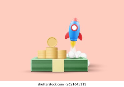 Vetor de ilustração 3D ícone de renderização de pilha de moedas e notas e foguete subindo. Conceito de crescimento financeiro, aumento de renda, sucesso de investimento, aumento de lucro, financiamento de negócios.