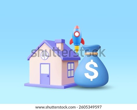 3D Illustration Vector Render Icon House, Money Bag, Rocket Concept of Financial Growth and Investment. Real Estate Investment, Financial Planning and Business Progress.