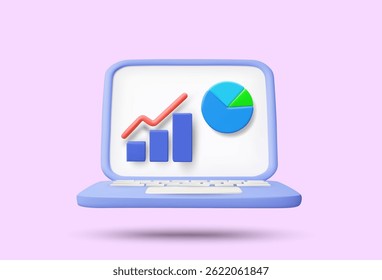 3D illustration vector render of laptop screen icon showing uptrend bar graph and circle graph. Concept of financial presentation, data analysis, business report, online trading.
