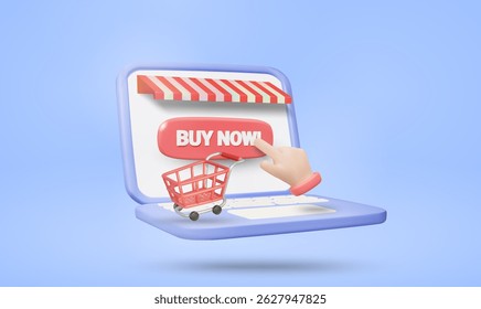 renderização vetorial de ilustração 3D da loja de laptop exibindo o sinal COMPRAR AGORA com botão de clique manual e carrinho de compras ao lado dele. Conceito de ordem de compra on-line rápida e conveniente, impulsionar as vendas.