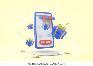 3D illustration vector render of luxury design gift box floating out of mobile phone screen online store on a round podium with ribbons scattered around. Special promotion, giveaway, festival concept.