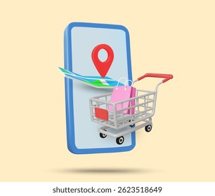 3D illustration vector render of map icon with coordinate pin and shopping cart with shopping bag on mobile phone screen. Concept of choosing products by service area,find branch, delivery by location