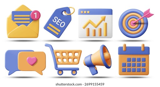 renderização vetorial de ilustração 3D do conjunto de ícones de marketing e mídia digital. Símbolos de endereçamento, etiquetas de SEO, análise de gráficos de resultados, alvo de mensagem social, carrinho de compras, megafone, planejador de calendário, isolado