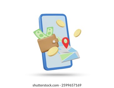 3D illustration vector render of mobile phone icon. Map, digital wallet, pin, coins and banknotes. Concept of using E-Wallet to pay on the go. Isolated payment methods on white background.