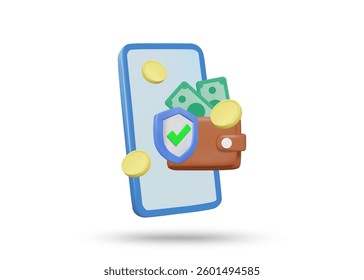 3D illustration vector render of mobile phone icon, wallet, banknotes, coins and shield with check mark. Mobile financial transaction security concept and digital wallet isolated on white background.