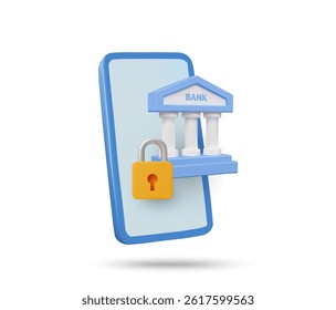 3D illustration vector render of mobile phone icon, bank, lock key isolated on white. Concept of mobile banking, financial security, digital finance, secure transaction, fintech application.