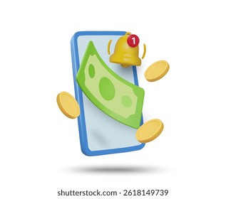 3D illustration vector render of mobile phone icon, banknote, coin, notification bell, incoming message isolated on white. Concept of banking, payment, e-wallet, financial app, digital finance alert.