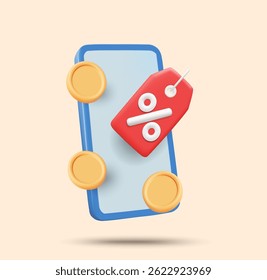 renderização vetorial de ilustração 3D do ícone do telefone celular mostrando o grande sinal de desconto na tela com moedas de ouro. Conceito de compras on-line, promoção, desconto e privilégio via aplicativo.