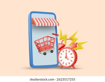 3D Illustration Vector Render Mobile Shop Icon With Shopping Cart And Clock With Lightning Symbol. Flash Sale Promotion Concept. Limited Time Discount On Online Platform Or Application.