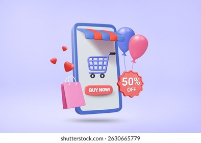 3D Illustration Vector Render of Mobile Online Shopping Showing Store, Shopping Cart, BUY NOW, 50% OFF Sign, Balloon, Bag and Heart. Special Promotion Concept, Discount, Platform, App.