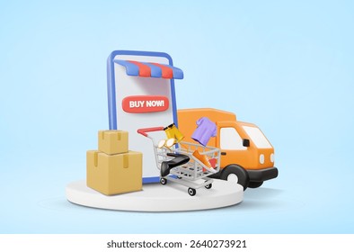3D illustration vector render of mobile online store with BUY NOW sign on screen and fashion shopping cart, clothes, pants, shoes, glasses, delivery truck with parcel boxes, order and delivery concept