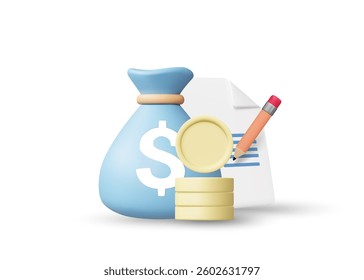 3D illustration vector render of money bag, coins, note paper, and pencil icon. Financial planning and budget management concept. Assets, expenses, goal setting. Isolated on white background.