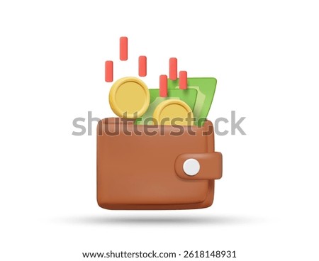 3D illustration vector render of money bag icon, banknotes and coins isolated on white. Concept of personal finance, money saving, budgeting, financial management, income receiving, e-wallet, deposit.