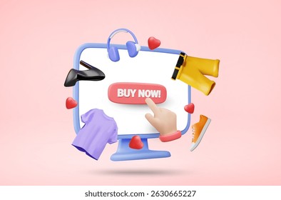 3D Illustration Vector Render Online Shopping Showing Computer Screen BUY NOW Sign and Clicking Hand Surrounded by Clothes, Headphones, Shoes. Shopping Concept Heart. Like. Add to Favorites.