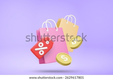 3D illustration vector render of online shopping. Showing shopping bag with discount coupon and dollar coin. Concept of payment, promotion and discount on shopping.