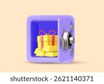 3d illustration vector render of open safe icon with gold bars inside and gift box. Concept of gold saving, wealth asset, bonus reward, secure investment, financial prize.