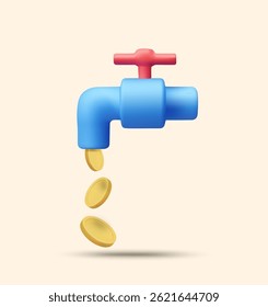 3D illustration vector render of open faucet icon with coins flowing out. Concept of passive income, cash flow, finance, investment and financial freedom, inflow of income.