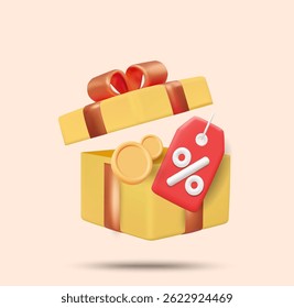 Vetor de ilustração 3D renderização de ícone de caixa de presente aberto com sinal de desconto e moedas de ouro flutuantes. Conceito de privilégio especial, promoção de desconto, presente gratuito com compras, evento de junção, e-commerce.