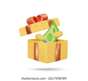 3d illustration vector render of opened gift box icon with banknotes and coins isolated on white. Concept of bonus reward, gift money, prize, financial gift, festival reward, lucky box, promotion