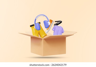 3D illustration vector render of opened parcel box with floating clothes, shoes and earphones. Concept of fashion and gadget parcel delivery in online shopping and fast delivery service.