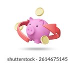 3D illustration vector render of piggy bank icon with coins and circular arrows around isolated on white background. Concept of saving, money management, circulation, investment, asset management,