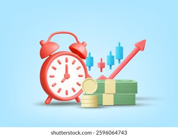 3D illustration vector render of red alarm clock icon, pile of cash, gold coins, stock candle graph and up arrow. Concept of importance of time investment, financial growth and uptrend market trend