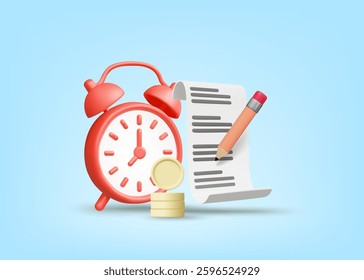 3D Illustration Vector Render Red Alarm Clock Icon with Document or To Do List with Pencil for Writing Notes and Gold Coins Concept of Time Management, Financial Planning and Productivity.