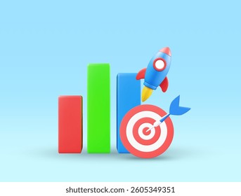 3D Illustration Vector Render Rocket Icon, Graph, Target, Business or Investment Goal Achievement Concept Fast, Effort, Steady Growth, Increase in Profit, Future Success.