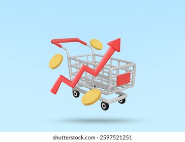 3D Illustration Vector Render Shopping Cart Icon, Up Graph and Coins. Budget Management Concept for Shopping, Planning, Budgeting, Financial Growth or Spending Control.